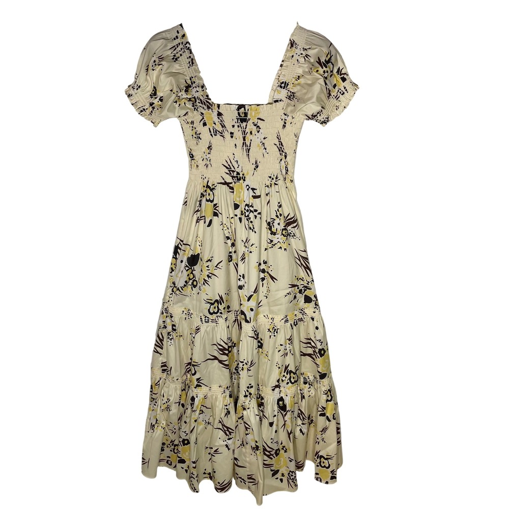 Tory Burch French Cream Drip Bouquet Floral Smocked Maxi Dress Sz SM Tiered